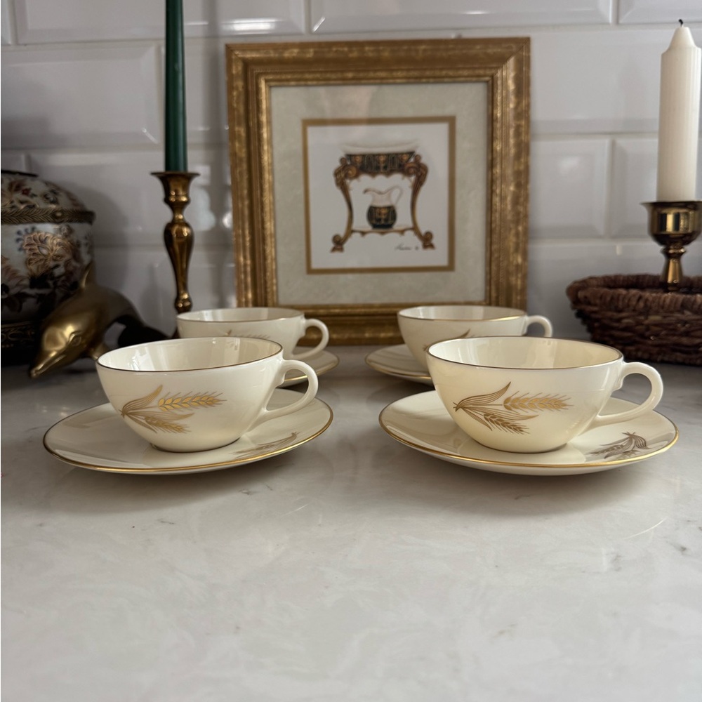 Vintage Wheat by Lenox Tea Cups&Saucers R-442 w/24k Gold Trim 1930s Set of 4